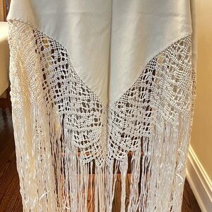 Cream Wool &  Crochet Fringe Shawl